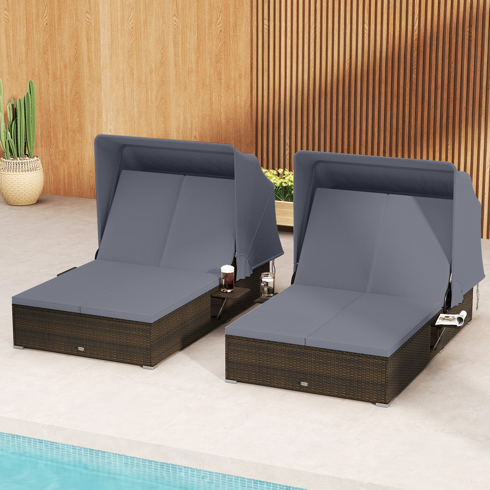 Patio Double Chaise Lounge with Shade Cushions and Folding Side Trays-Gray - Gallery View 1 of 10