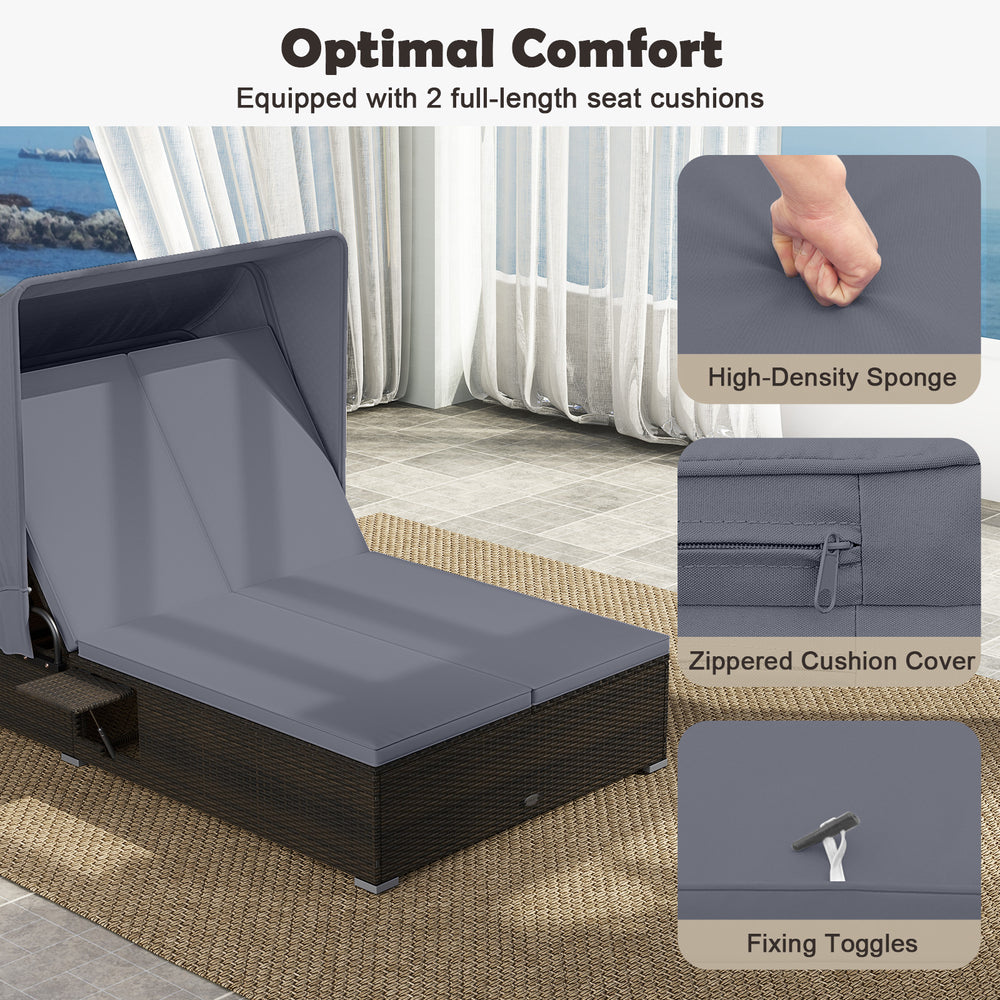 Patio double chaise lounge in gray with adjustable backrests, retractable canopy, and soft cushions for outdoor.