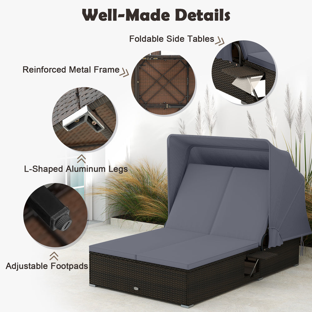 Patio double chaise lounge with gray cushions, adjustable backrests, and folding side tables for backyard relaxation.