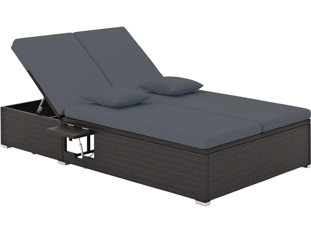 Patio double chaise lounge with gray cushions, featuring a durable rattan surface and L-shaped aluminum legs for.