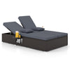 Gray patio double chaise lounge showcasing a rattan design, soft cushions, and independent backrest adjustments for.