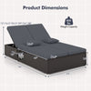 Patio double chaise lounge with gray cushions, adjustable backrests, and folding side trays for backyard relaxation.