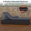 Patio double chaise lounge with gray cushions, featuring 6-position adjustable backrests and folding side trays for.