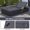 Gray patio double chaise lounge with soft pillows, toggle fasteners, and smooth zippers for easy maintenance and.