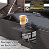 Folding side trays and gas rods on the gray patio double chaise lounge for easy access to drinks and snacks.