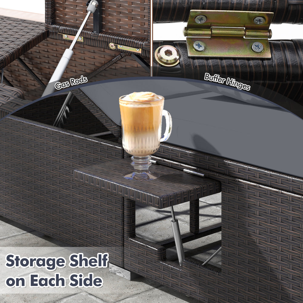 Folding side trays and gas rods on the gray patio double chaise lounge for easy access to drinks and snacks.