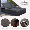 Patio double chaise lounge with adjustable footpads and sturdy aluminum legs, designed for stability in outdoor.