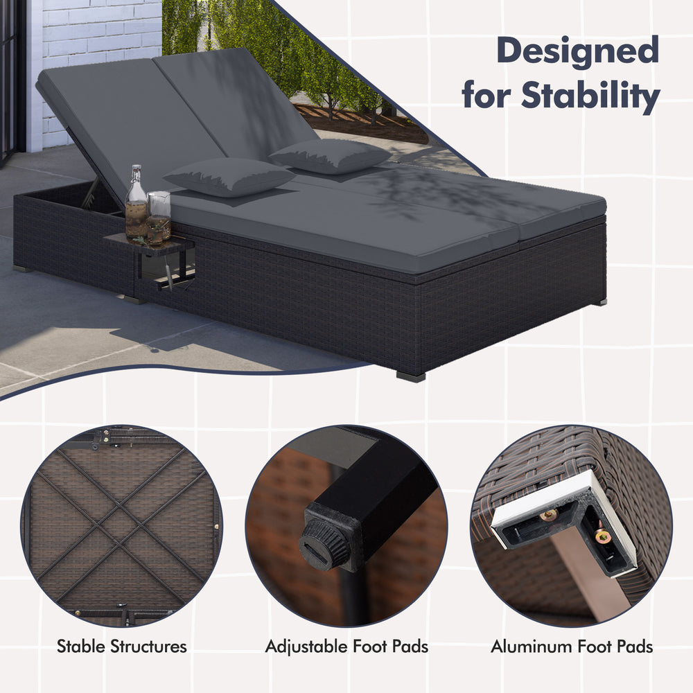 Patio double chaise lounge with adjustable footpads and sturdy aluminum legs, designed for stability in outdoor.