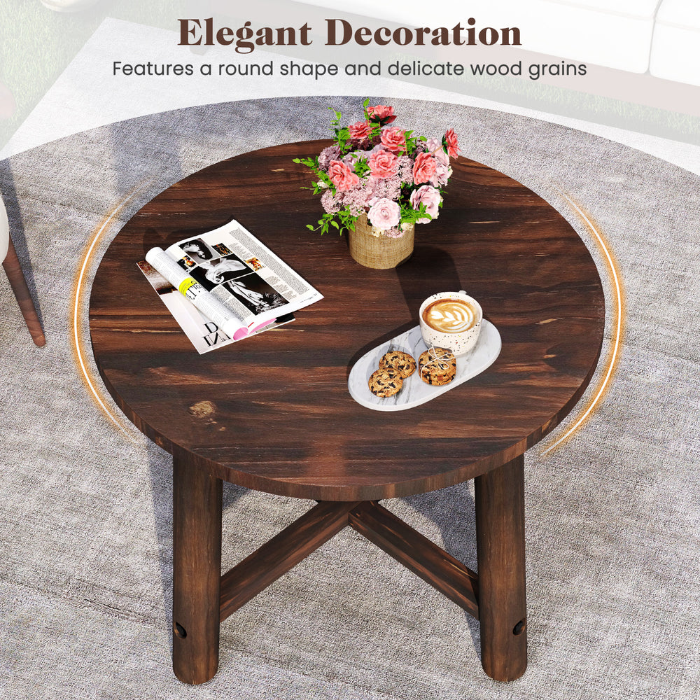 Round patio end table in brown solid wood with delicate grains, ideal for garden, deck, poolside, or indoor use.