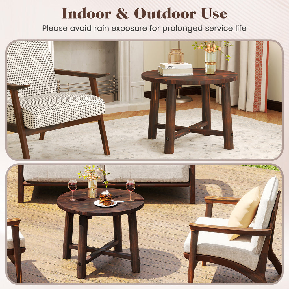 Round patio end table made of solid wood with a brown finish, ideal for garden, poolside, and indoor use.