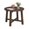 Round patio end table made of solid wood with a brown finish, ideal for garden, deck, poolside, or indoor use.