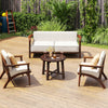 Round patio end table made of solid wood with a brown finish, ideal for garden, deck, or poolside use.