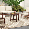 Round patio end table made of solid wood with a brown finish, perfect for garden or poolside use.