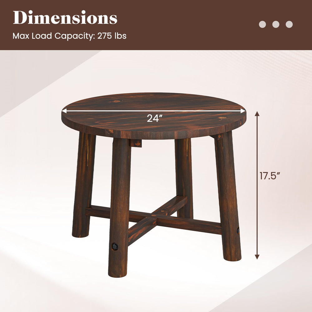 Round patio end table made of solid wood with a brown finish, featuring a stable X-shaped base for indoor and outdoor.