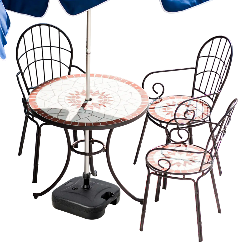 Fillable black patio umbrella base with handle, designed for 1.5-inch poles, ideal for stability in outdoor settings.