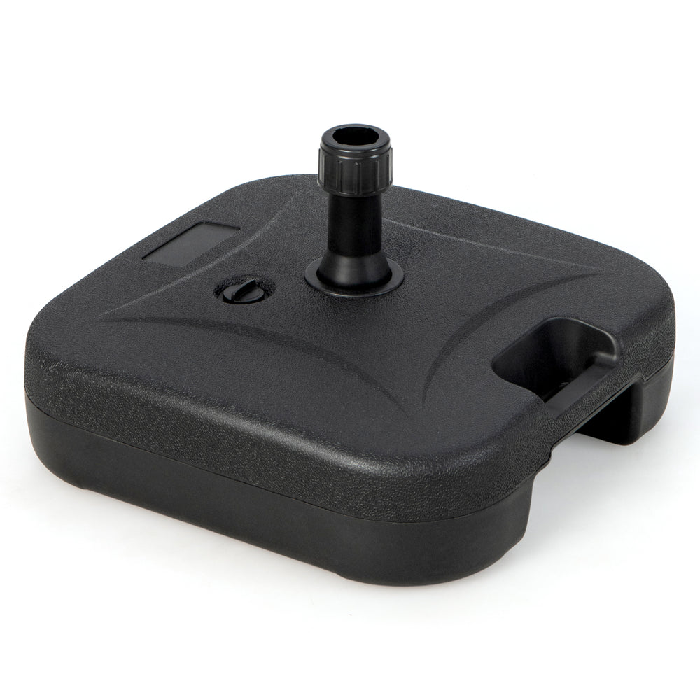 Fillable black patio umbrella base with handle, designed for 1.5-inch poles, made of durable HDPE for stability.