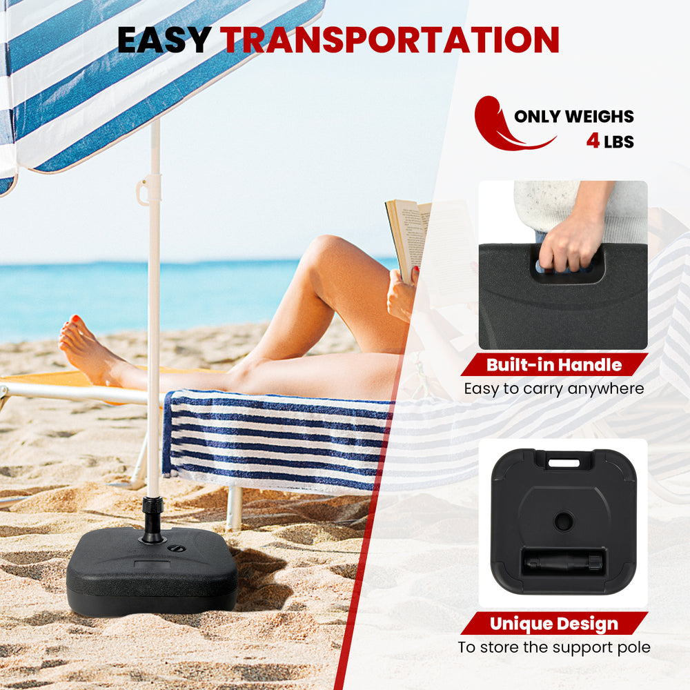 Fillable black patio umbrella base with handle, designed for 1.5-inch poles, easy to transport and stable for outdoor.