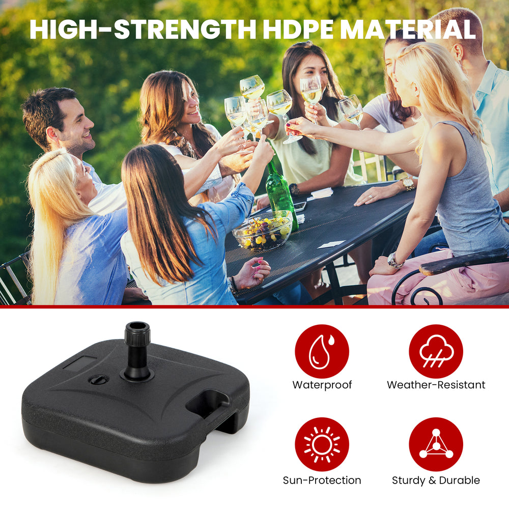 Fillable patio umbrella base in black, made of high-strength HDPE, waterproof and durable for outdoor use.