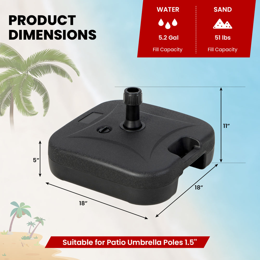 Fillable black patio umbrella base with handle, 5.2-gallon water capacity, designed for 1.5-inch umbrella poles.