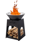 Patio fire pit in black with grill and wood storage, perfect for outdoor gatherings and barbecuing.
