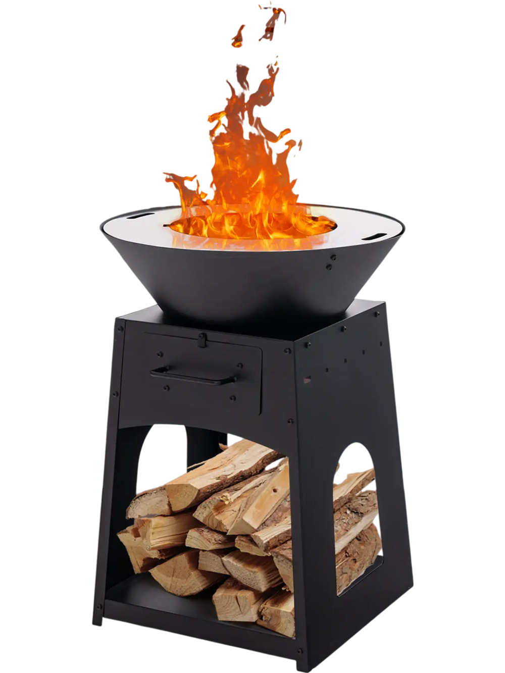 Patio fire pit in black with grill and wood storage, perfect for outdoor gatherings and barbecuing.