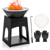Patio fire pit in black with grill, ash box, gloves, and fire poker, ideal for backyard barbecues and outdoor warmth.
