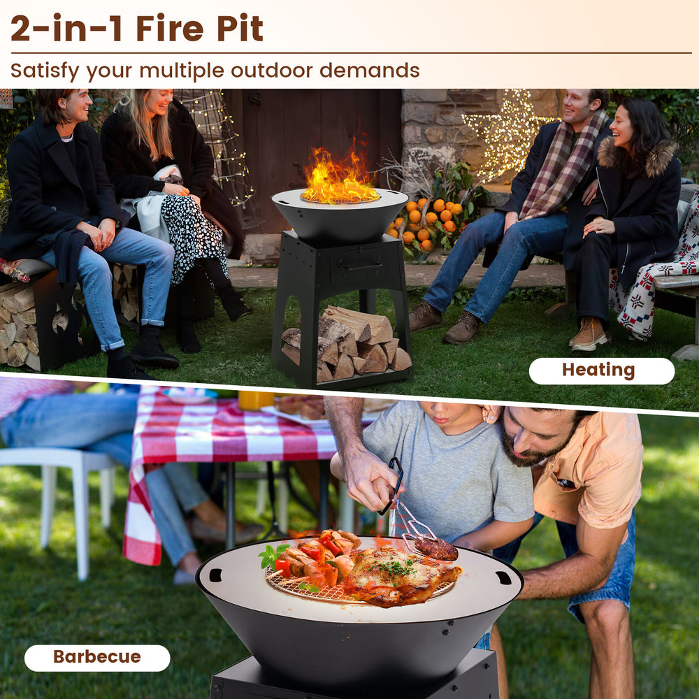 Patio fire pit in black with grill and ash box, ideal for heating and barbecuing in outdoor settings.