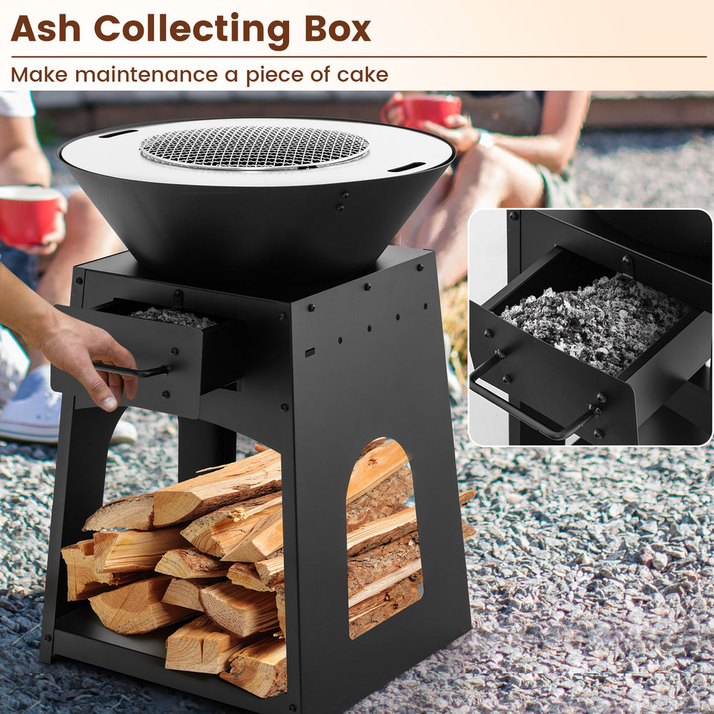 Patio fire pit with grill and ash collecting box, featuring a durable black metal design for outdoor heating and.