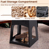 Fuel storage compartment of the black patio fire pit, designed for wood, pellets, or charcoal for outdoor gatherings.