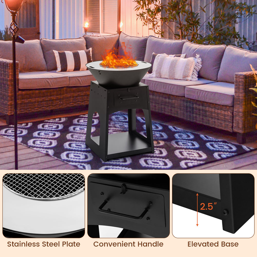 Patio fire pit with stainless steel plate and elevated base, perfect for backyard warmth and grilling.