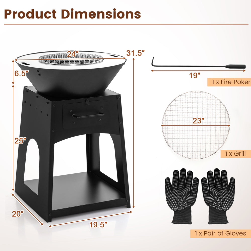Patio fire pit with grill and ash box, black metal construction, 24" diameter, ideal for outdoor heating and barbecuing.