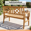 Patio foldable bench made of solid acacia wood features a curved backrest and armrest, perfect for outdoor relaxation.