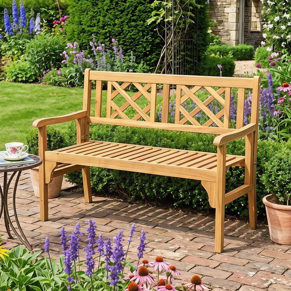 Patio foldable bench showcases a classic design with a slatted seat, perfect for comfortable seating in gardens or patios.