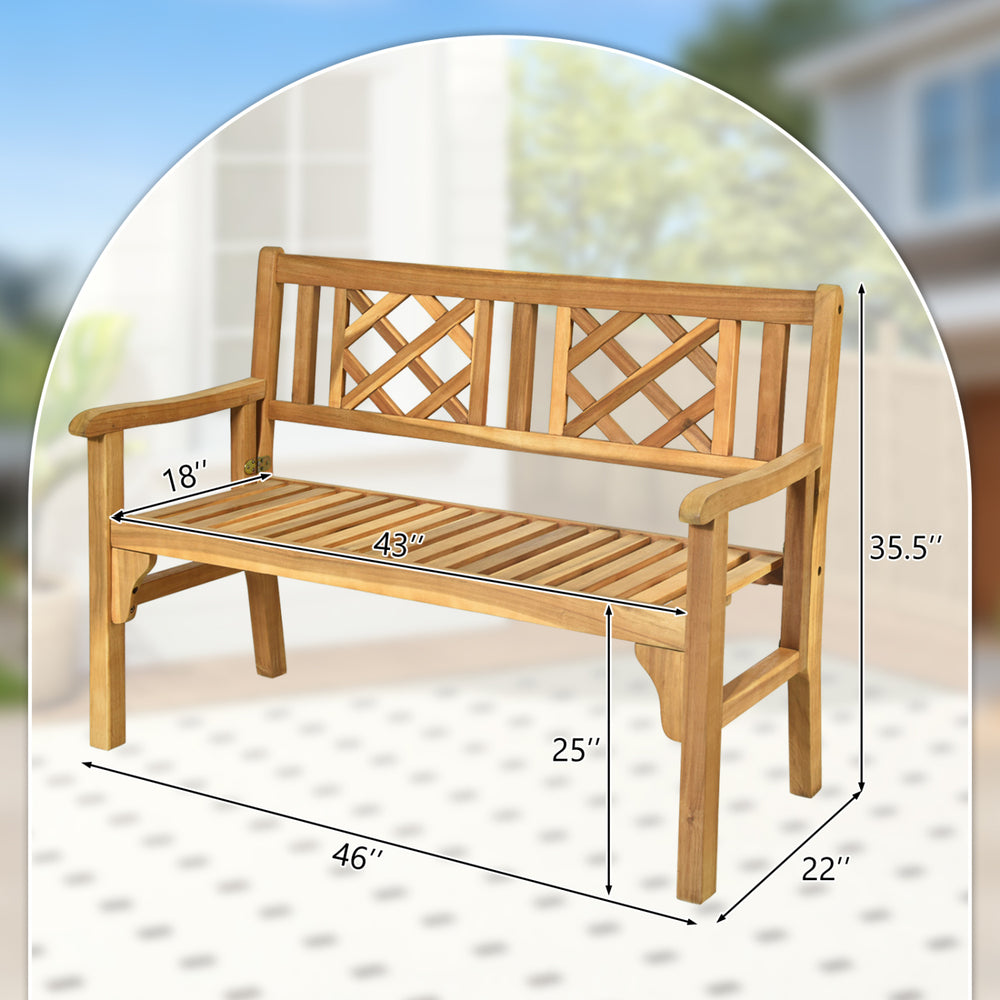 Patio foldable bench made of durable acacia wood features a curved backrest and armrests, perfect for outdoor relaxation.