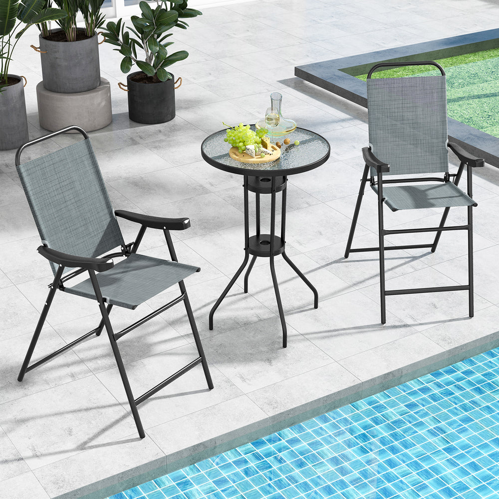 Patio folding bar stool set of 2 with metal frame, ergonomic armrests, and footrest, ideal for poolside relaxation.