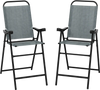 Patio folding bar stool set of 2 in blue with metal frame, ergonomic armrests, and footrest for outdoor relaxation.
