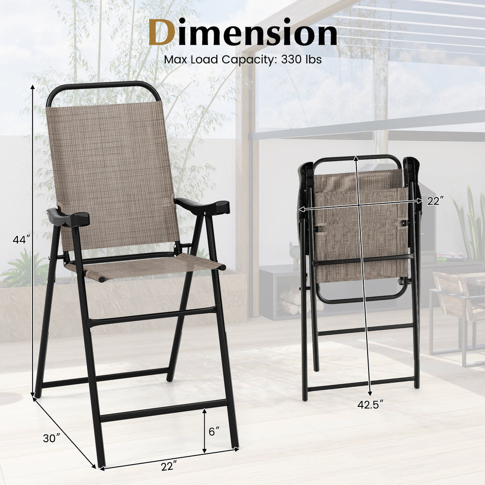 Patio folding bar stool set of 4 with metal frame, featuring ergonomic armrests and a cozy backrest for outdoor comfort.