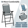 Patio folding bar stool set of 2 in blue with spacious seat, cozy backrest, and sturdy metal frame for outdoor use.