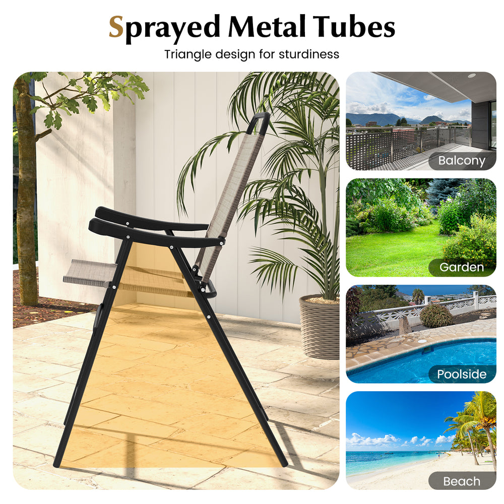 Patio folding bar stool with sprayed metal tubes and ergonomic design, ideal for balcony, garden, or poolside use.