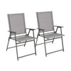 Set of two gray patio folding chairs with rustproof metal frame, featuring high backrests and portable design for easy.