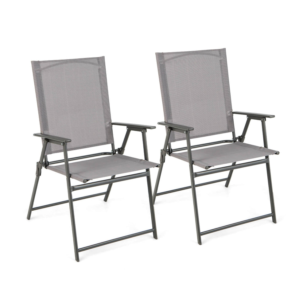 Set of two gray patio folding chairs with rustproof metal frame, featuring high backrests and portable design for easy.