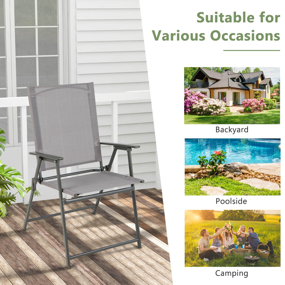 Gray patio folding chair with rustproof metal frame, ideal for backyard, poolside, and camping use.