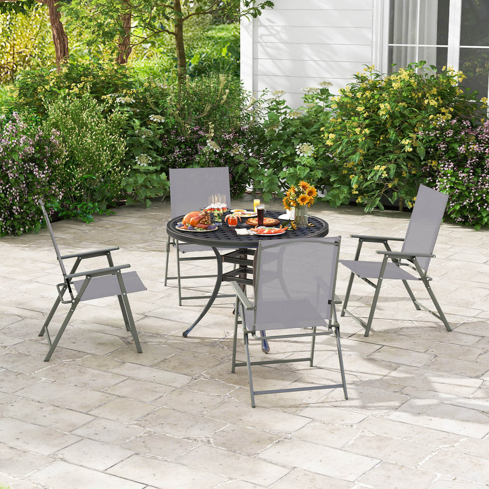Gray patio folding chair set with rustproof metal frame, perfect for outdoor dining and easy storage.
