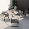 Patio folding chairs set of 4 in gray with cozy fabric and heavy-duty metal frame, ideal for backyard relaxation.