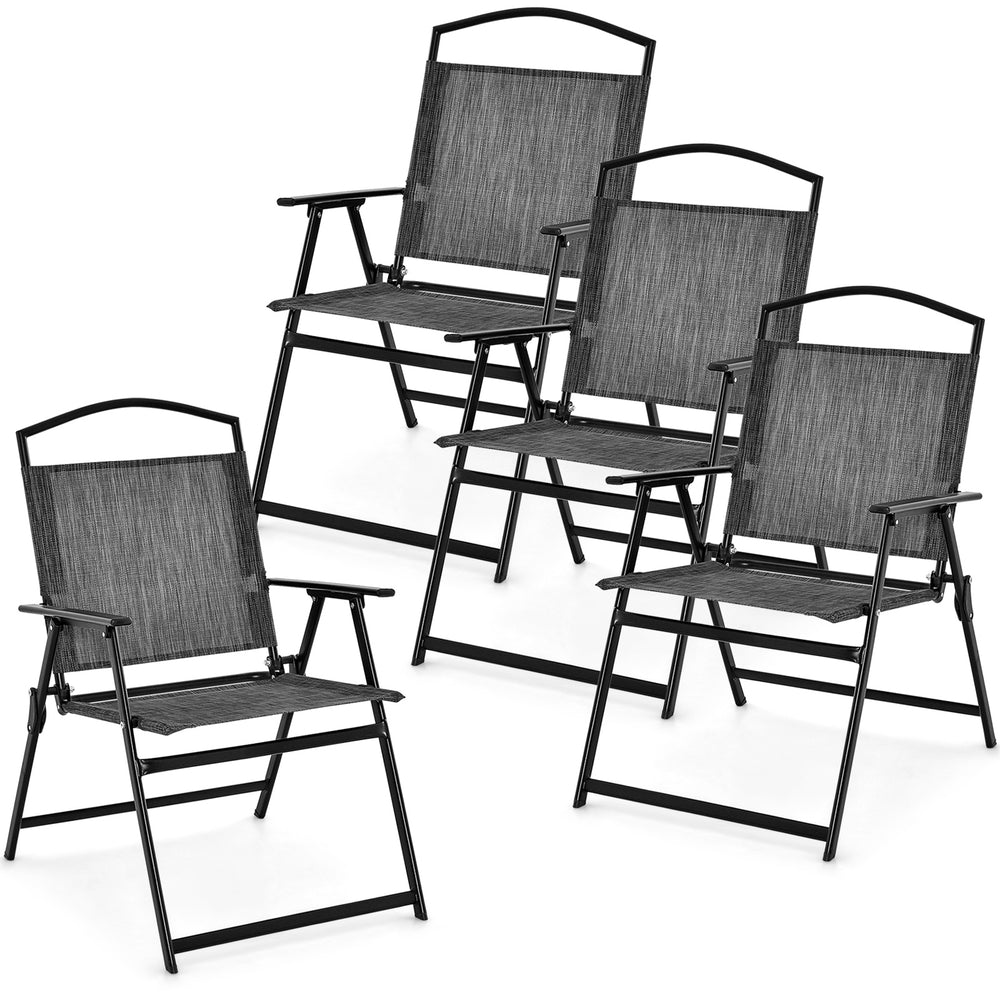 Set of 4 gray patio folding chairs with heavy-duty metal frame and cozy seat fabric, ideal for backyard relaxation.
