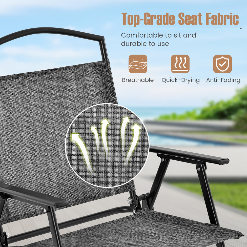 Gray patio folding chair showcasing breathable, durable fabric and heavy-duty metal frame, ideal for outdoor relaxation.