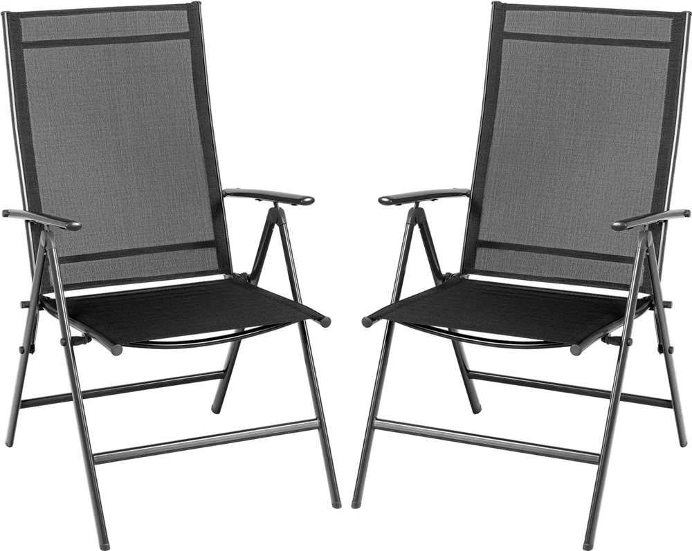 Set of 2 black adjustable portable patio folding dining chairs with ergonomic design for outdoor relaxation.