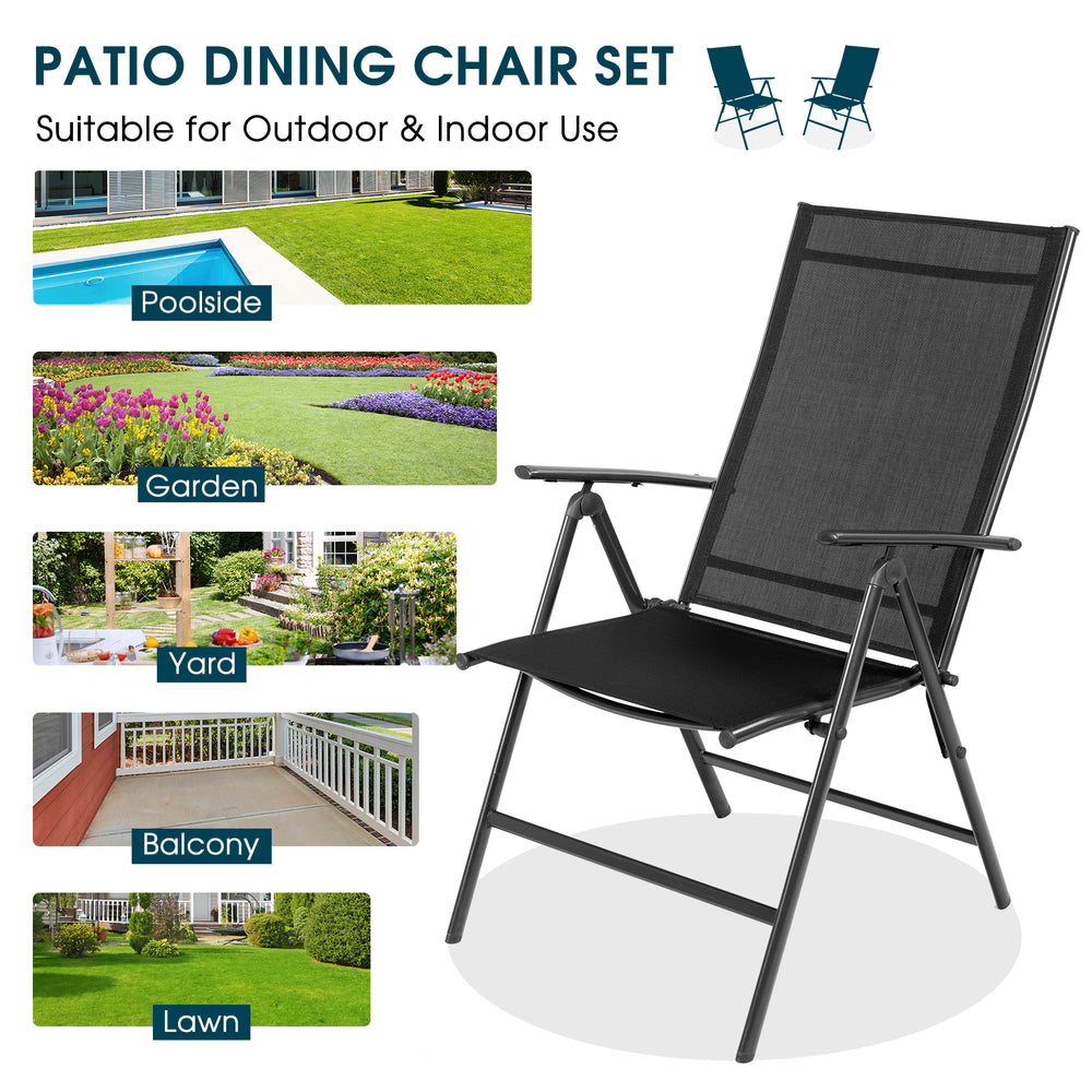 Adjustable black folding dining chair set with breathable fabric, perfect for poolside, garden, or balcony use.