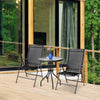 Set of 2 black adjustable patio folding dining chairs on a wooden deck, perfect for outdoor relaxation and dining.