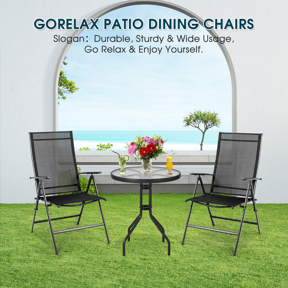 Adjustable black patio folding dining chairs with ergonomic design, perfect for outdoor relaxation and easy storage.